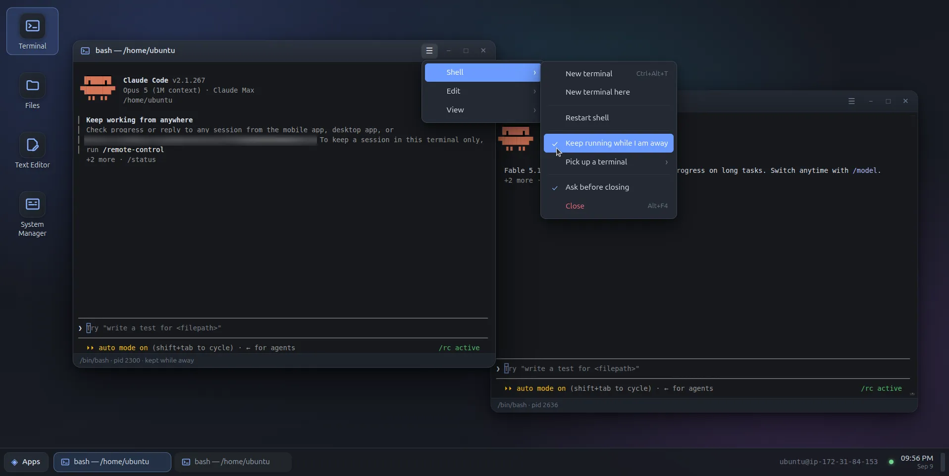 The Finestra desktop with the Shell menu open — "Keep running while I am away" is ticked and "Pick up a terminal" sits below it. The terminal's status bar reads "/bin/bash · pid 2300 · kept while away".