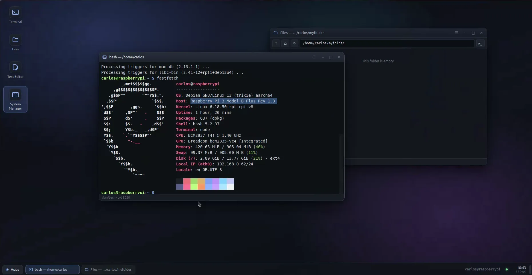 Finestra in a browser tab, connected to a Raspberry Pi 3 Model B Plus. The terminal shows fastfetch reporting Debian 13 on aarch64, a BCM2837 CPU and 420 MiB of 905 MiB memory in use, with a Files window open beside it.