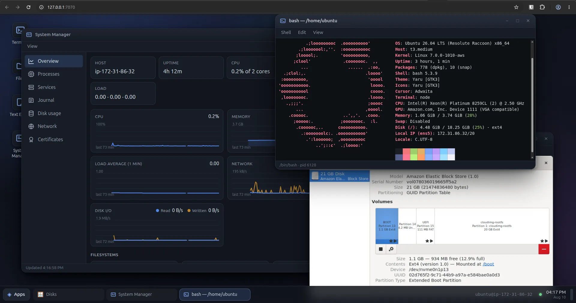 Finestra on a headless EC2 instance — the system manager with live graphs, a terminal, and GNOME Disks, each in its own window in a browser tab.