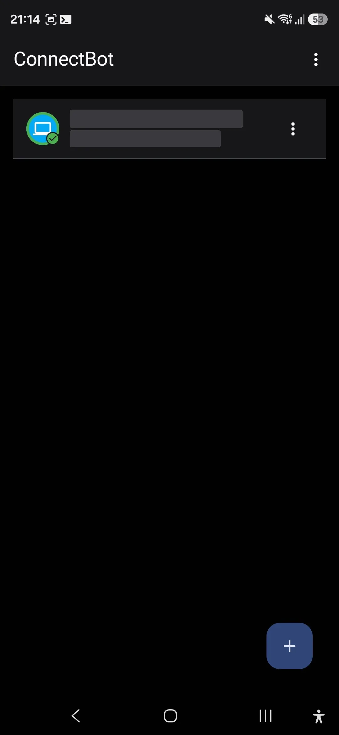 The ConnectBot host list with one saved host; the username and address are painted out