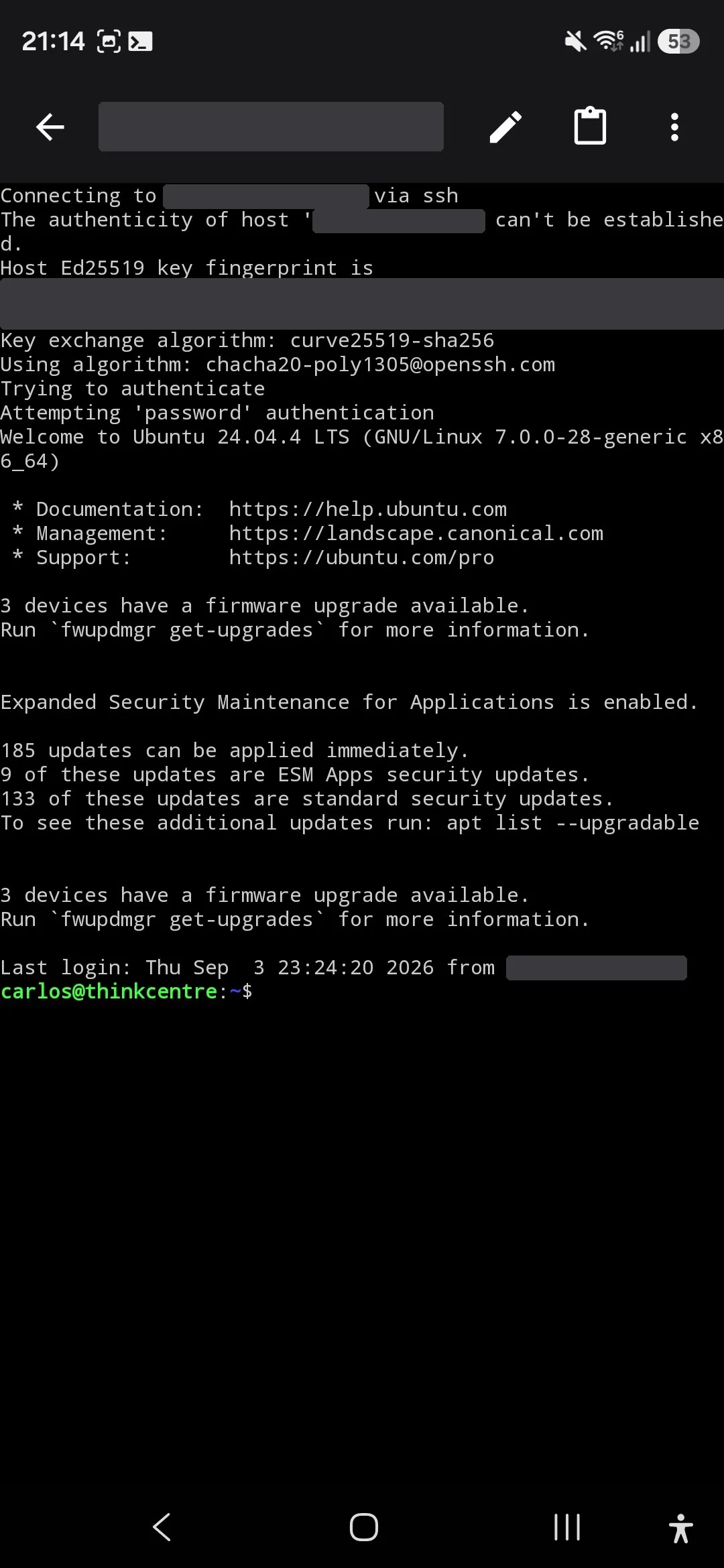 A ConnectBot terminal session: the host key prompt with the fingerprints painted out, password authentication, the Ubuntu 24.04 login banner, and a shell prompt