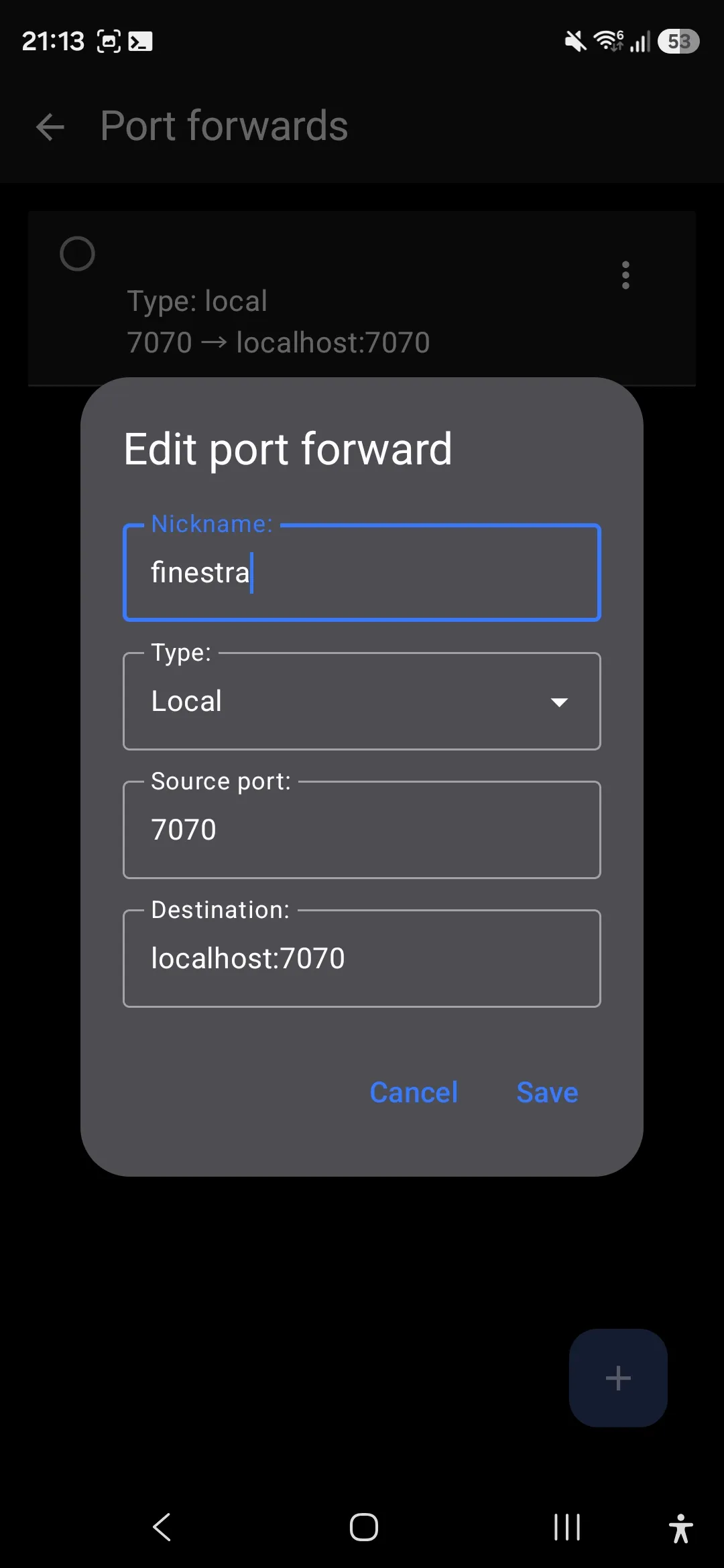 ConnectBot's Edit port forward dialog: nickname finestra, type Local, source port 7070, destination localhost:7070